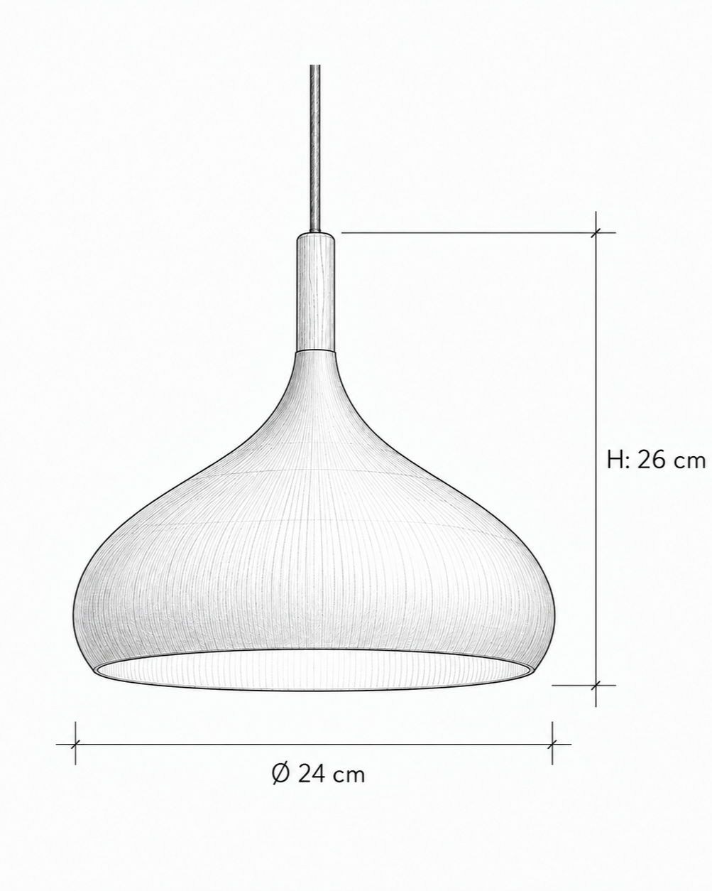 Målskitse af Avora pendellampe i aluminium med trædetalje. Lampen måler 24 cm i diameter og 26 cm i højden inklusive trætop