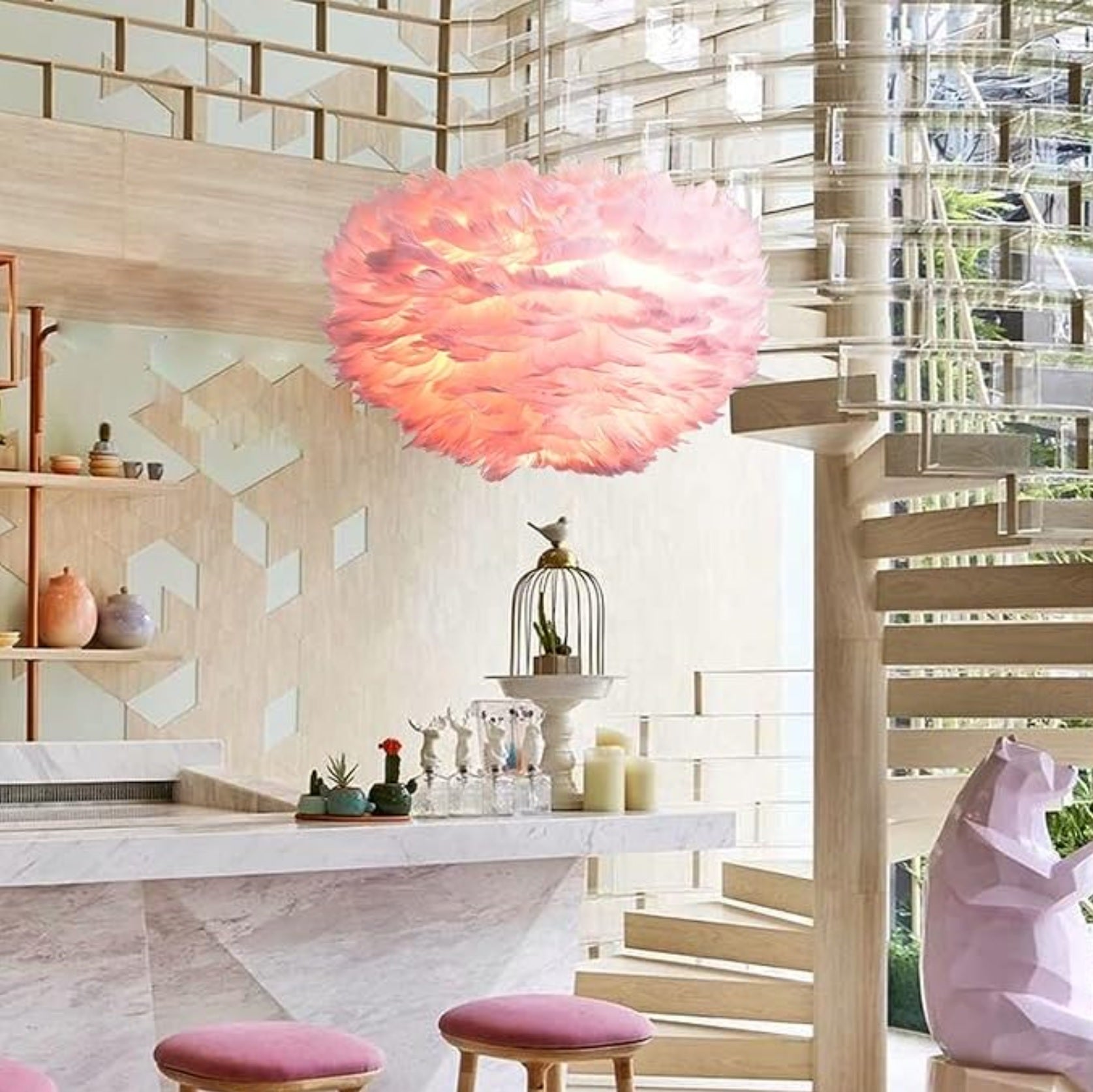 Lufira Pink Pendelleuchte aus Gänsefedern – exklusives Design – Swan Minds