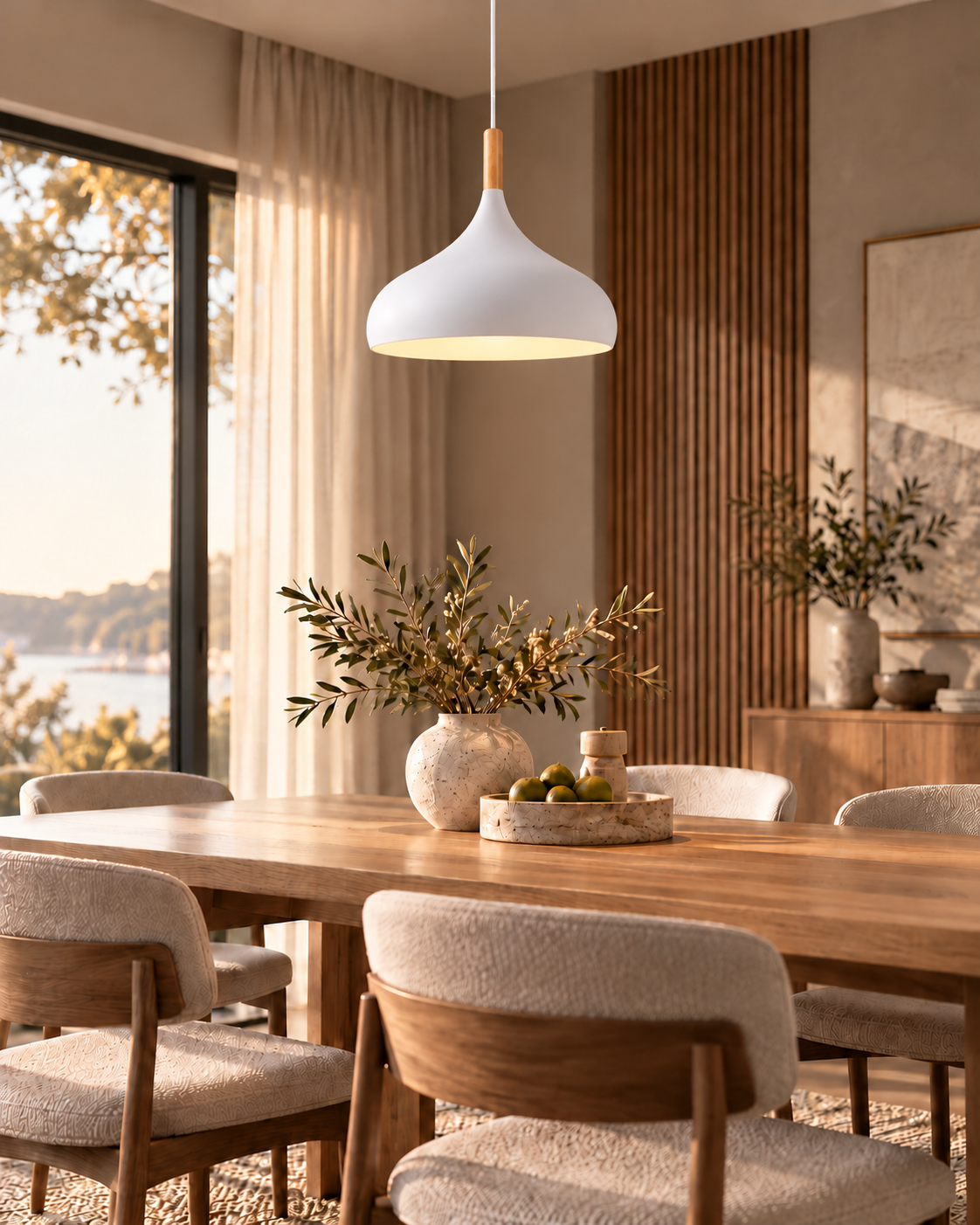 Hvid Avora pendellampe i aluminium med elegant trædetalje over spisebord i en lys spisestue med naturmaterialer.