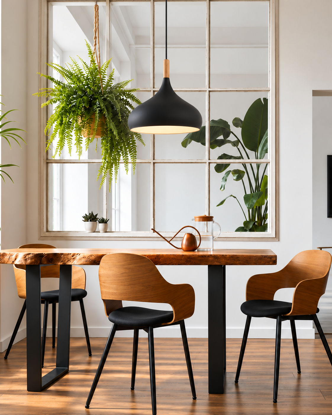 Sort Avora loftlampe med dråbeformet aluminiumsskærm og trædetalje over spisebord i moderne indretning med grønne planter.