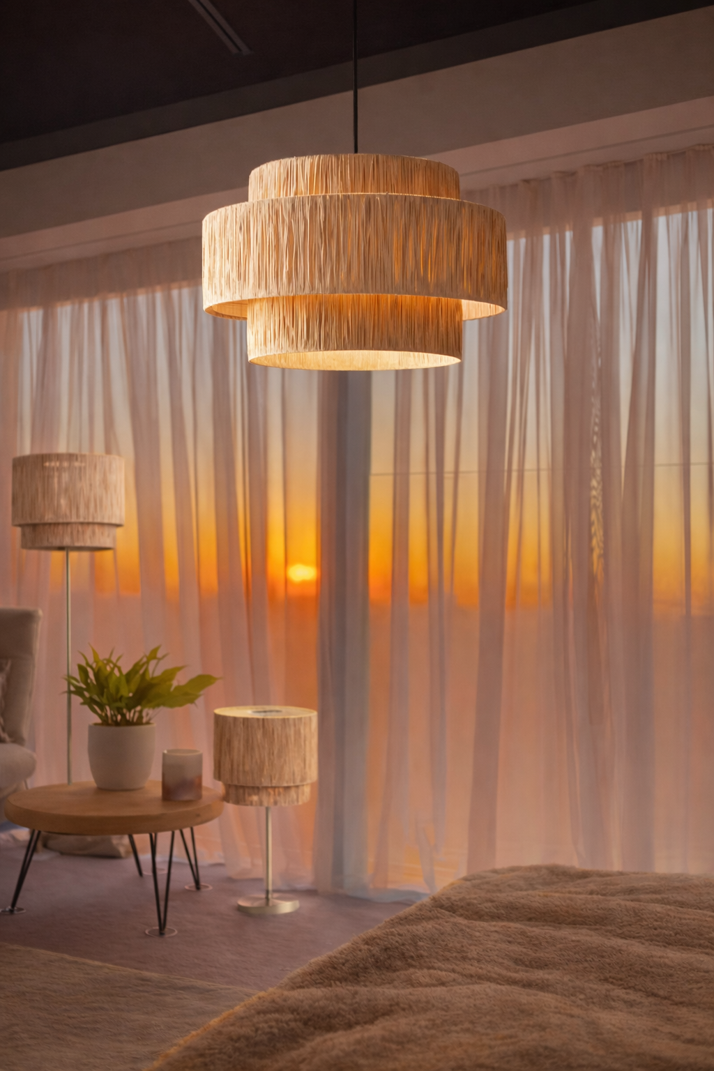 Eksotisk raffia lampe med gyldent skær